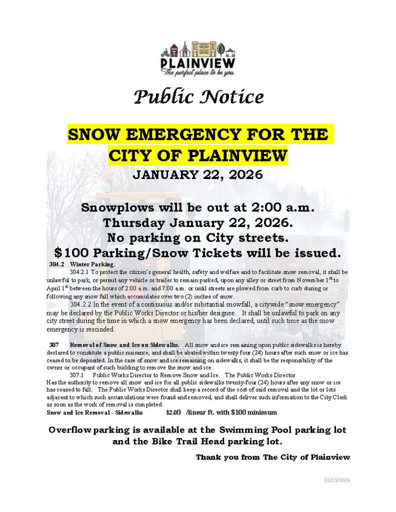 Snow Emergency Issued for the City of Plainview January 22, 2026.