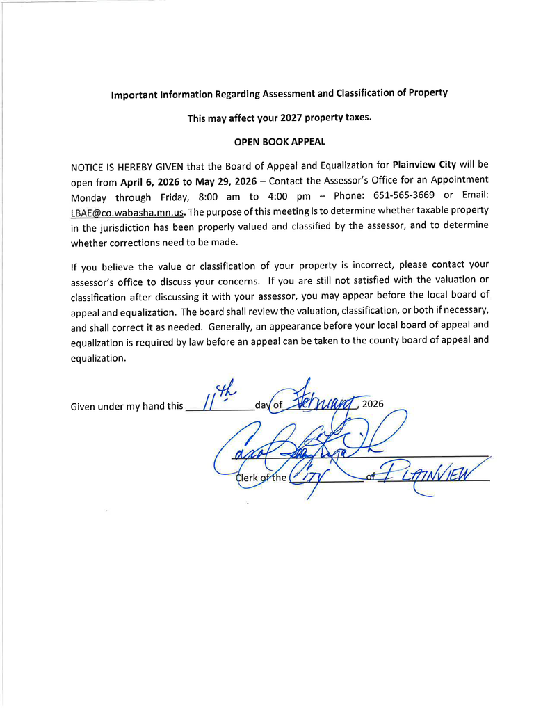 Board of Appeal and Equalization April 6, 2026 to May 29, 2026.