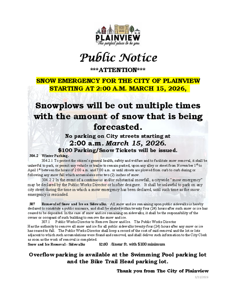 Snow Emergency for the City of Plainview for March 15, 2026.