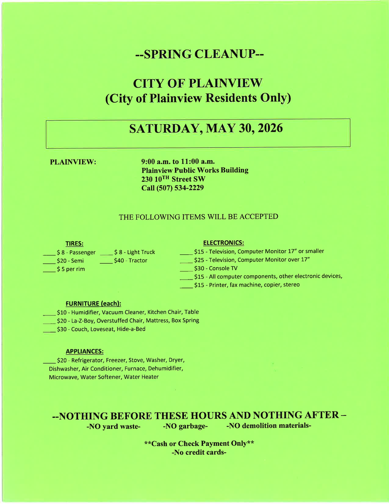 City of Plainview Spring Clean-Up Saturday May 30, 2026 ffom 9:00 a.m. - 11:00 a.m.
