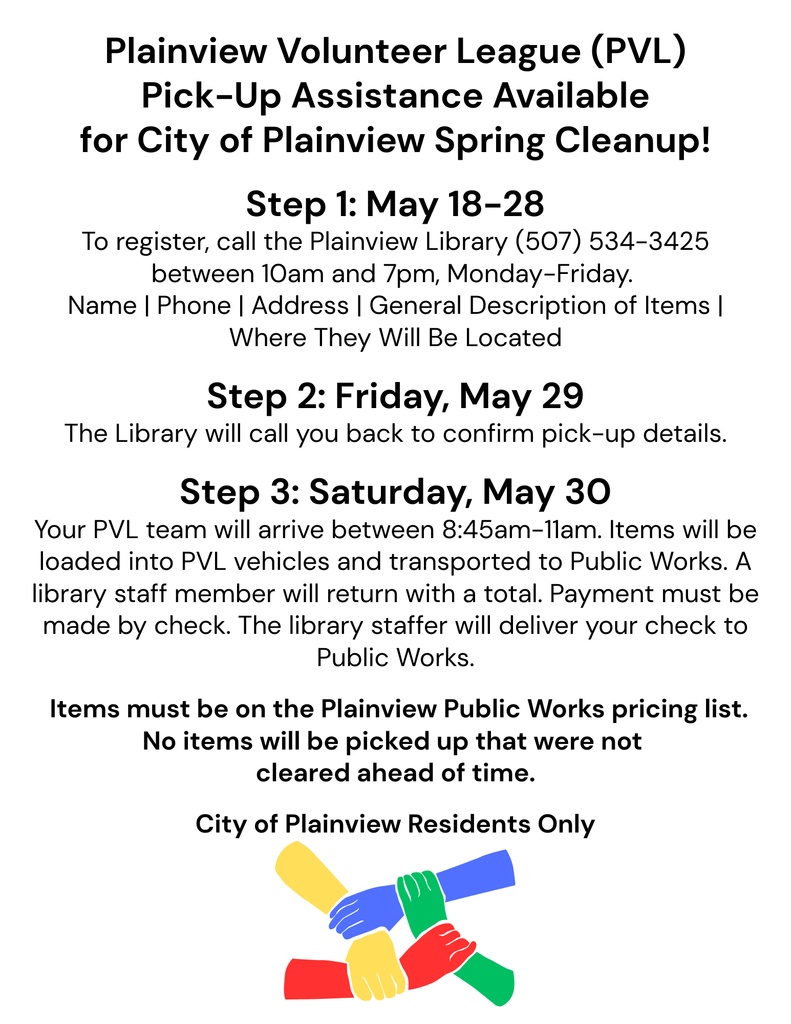 Plainview Volunteer League - Spring Cleanup assistance available.