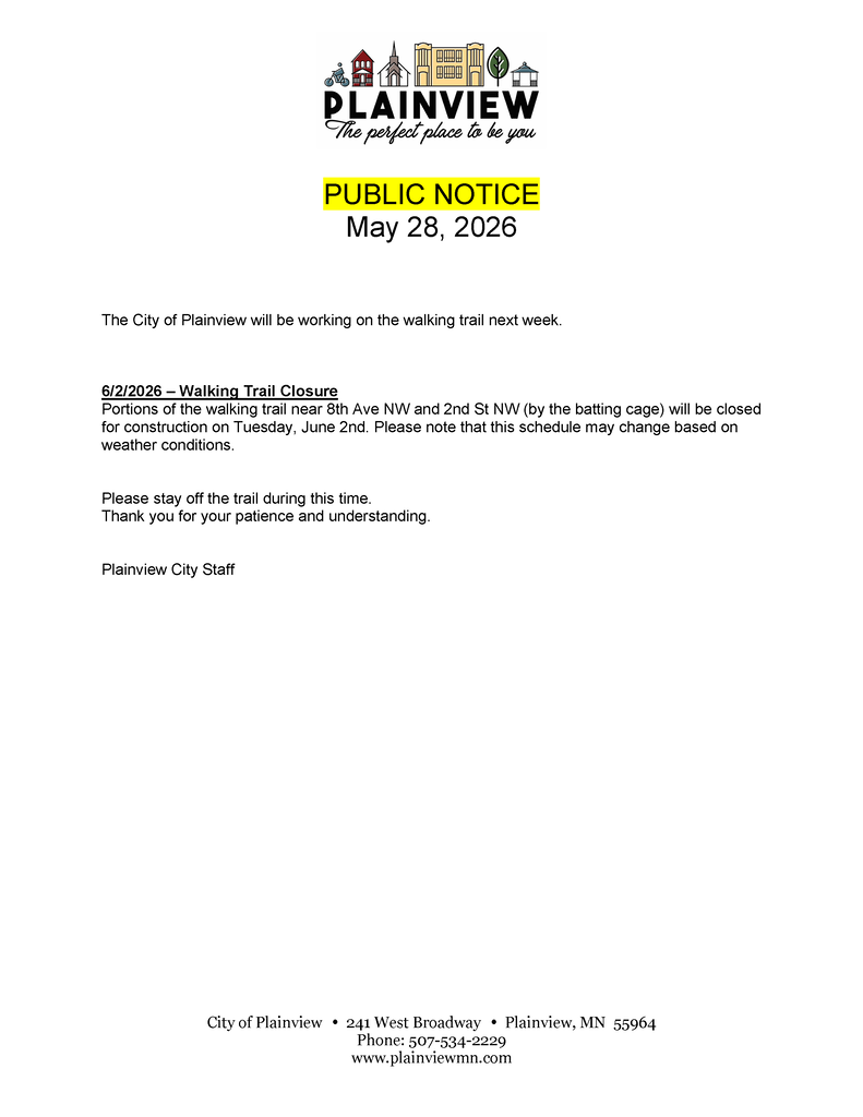 Walking/Bike Trail Closed for Construction 6/2/2026.