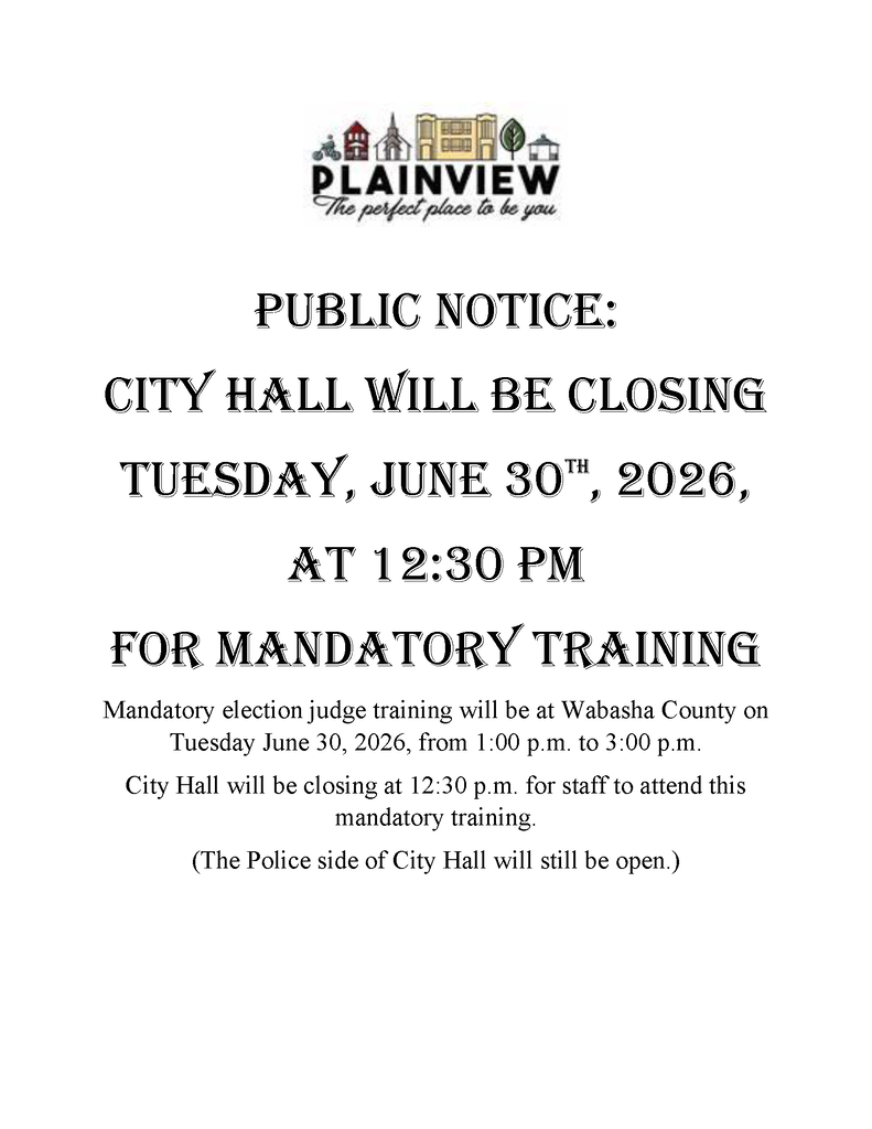 City Hall Closed June 30, 2026, at 12:30 for Election Judge Training