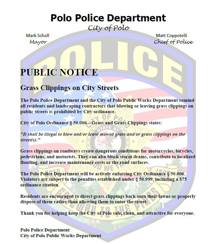 Public Notice Regarding Glass Clippings in Road