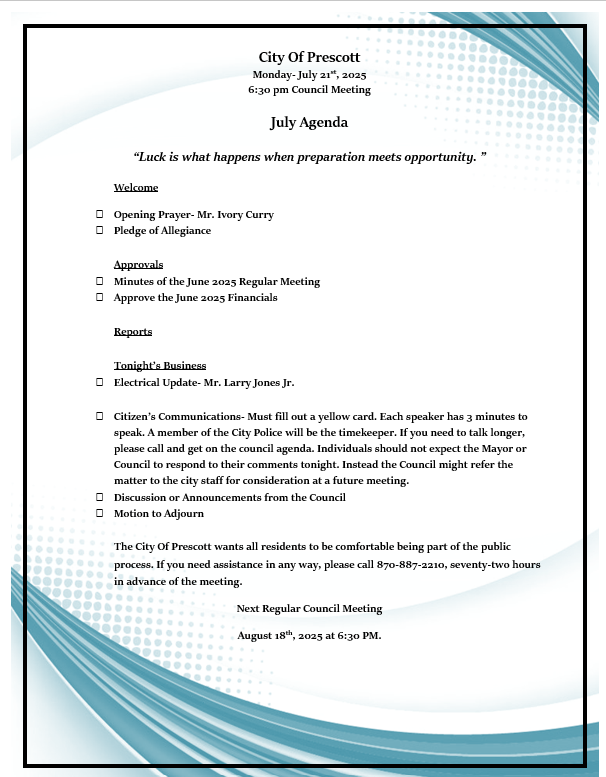 July 21st  Meeting Agenda
