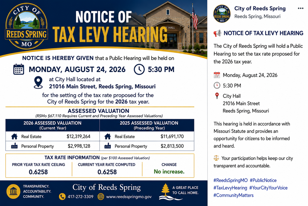 City of Reeds Spring Notice of Tax Levy Hearing