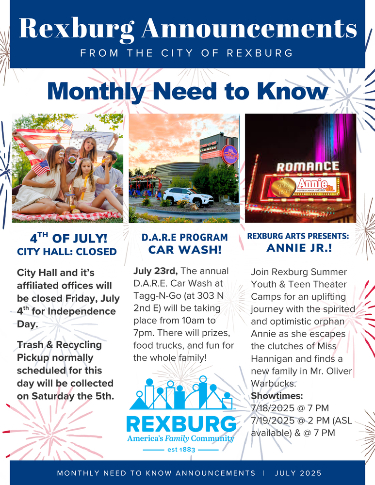 Image of the July 2025 Need to know with photo of family of 4 on a picnic blanket with bubbles and American flags, exterior of the Nitro car wash at sunset, marquee of the Romance Theater at lit up at nighttime with text as seen in the affiliate article for July 2025