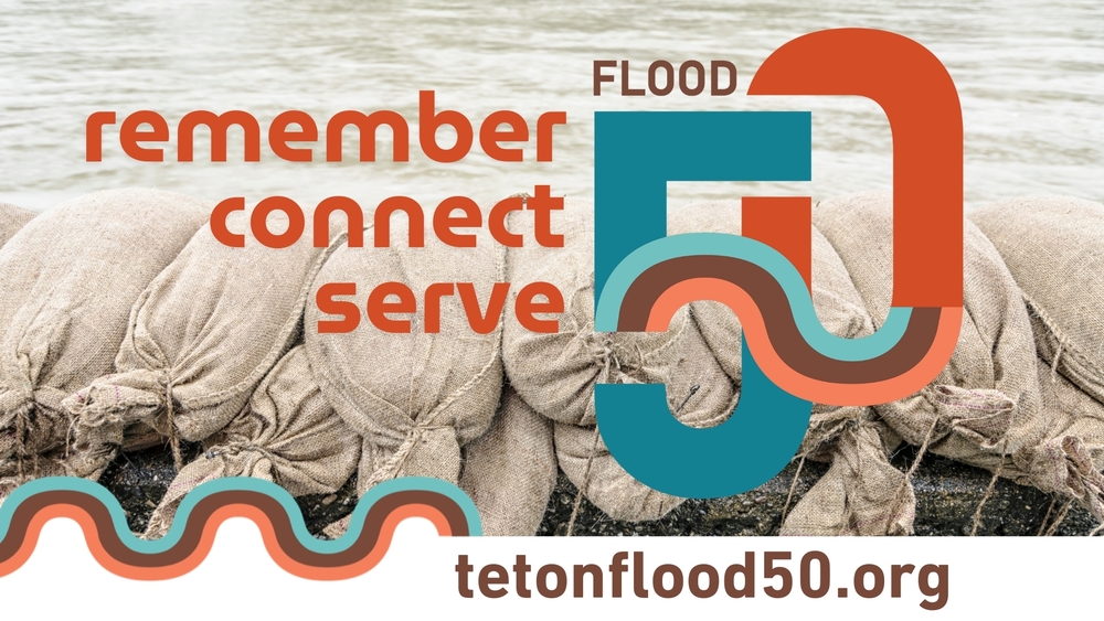 Flood 50 Benner Image - Remember | Connect | Serve with photo of sandbags and Flood 50 logo