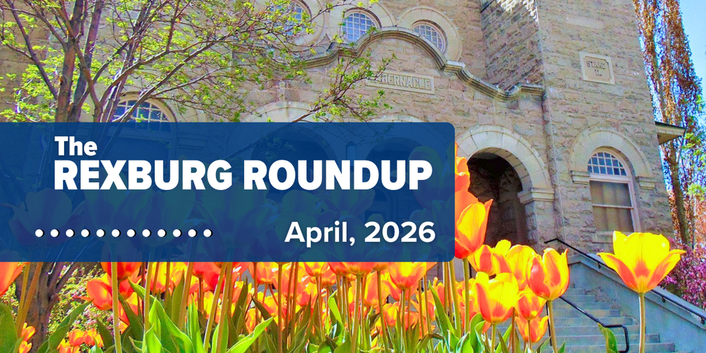 tabernacle in spring with tulips in bloom in the foreground.