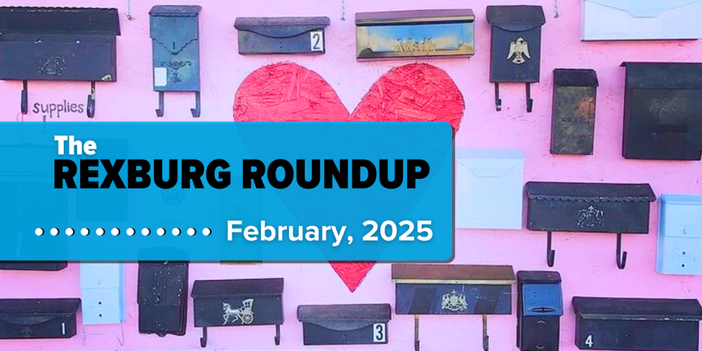 pink board with letterboxes around a large red paper heart under a cyan rectangle and text "The Rexburg Roundup --- February, 2026"