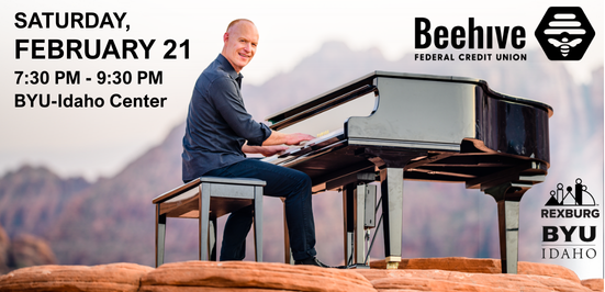 John Scmidt of the Piano Guys sits at a black grand piano on a red rock perch with scenery behind him. Text and logos as seen in the article adorn the graphic. 