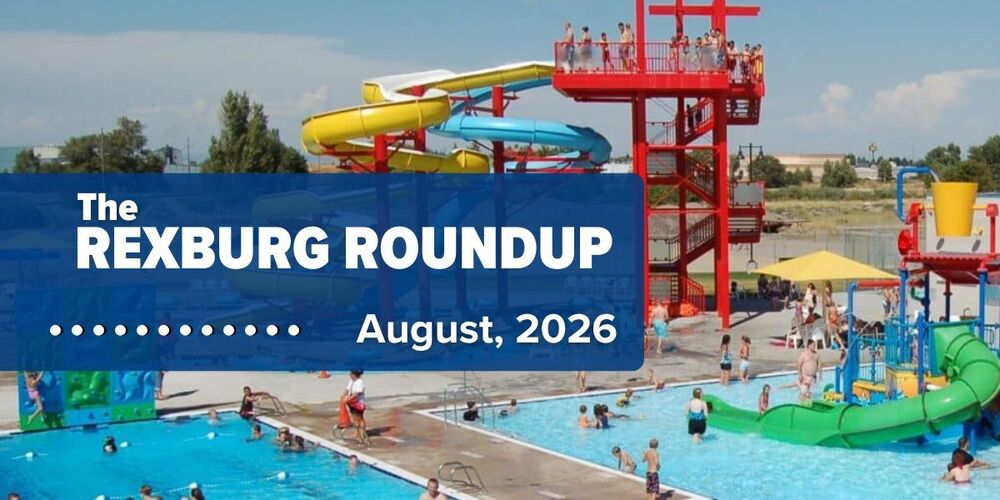 "Rexburg Roundup: August, 2026" on a navy rectangle over a photo of the Rexburg Rapids waterpark as seen from above with a lot of people in the pools in line for the waterslides, and enjoying the kids play area