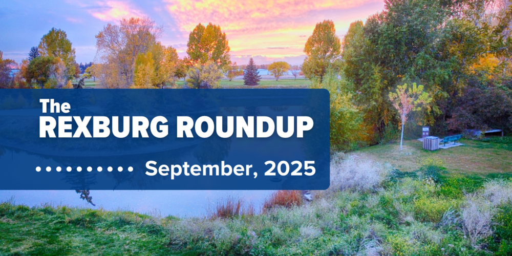 photo of sunset at nature park with trees starting to turn colors reflecting in the water and a blue textbox that reads "The Rexburg Roundup - September, 2025"
