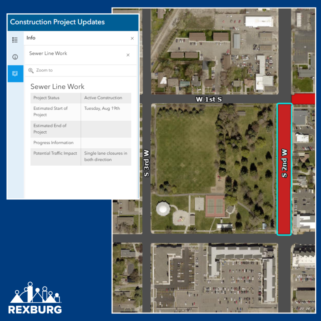 navy background with aerial map showing Porter Park and S 2nd W road in red and a table with text reading "Construction Project Updates | Sewer line work | Active Construction | Begins Tues. Aug. 19th | Traffic Impact: Single lane closures in both direction[s]"  
