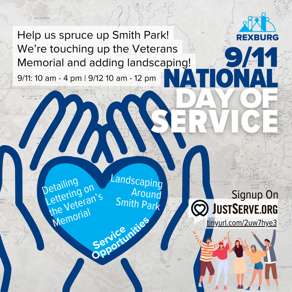 background photo of map at the Veteran's Memorial at Smith Park with icon of heart in two hands with text "Help us spruce up Smith Park! We’re touching up the Veterans Memorial and adding landscaping! 9/11: 10 am - 4 pm | 9/12 10 am - 12 pm | 9/11 National Day of Service | Service Opportunities: Detailing Lettering on the Veteran’s Memorial and Landscaping around Smith Park | Sign up on JustServe.org + link: tinyurl.com/2uw7hye3"