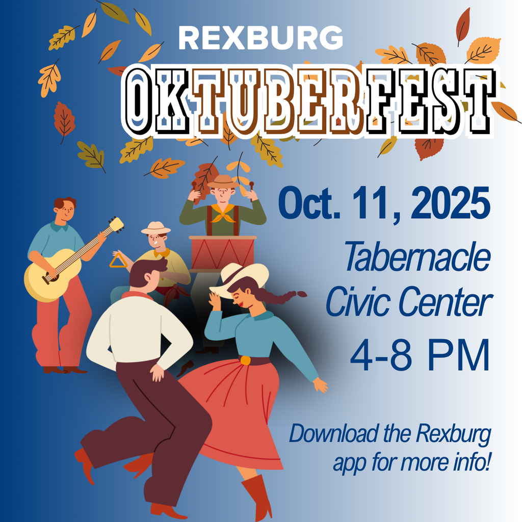 "Rexburg Oktuberfest Oct. 11, 2025 | Tabernacle Civic Center | 4-8 PM | Download the rexburg app for more info!" with graphics of a bluegrass band and two country dancers