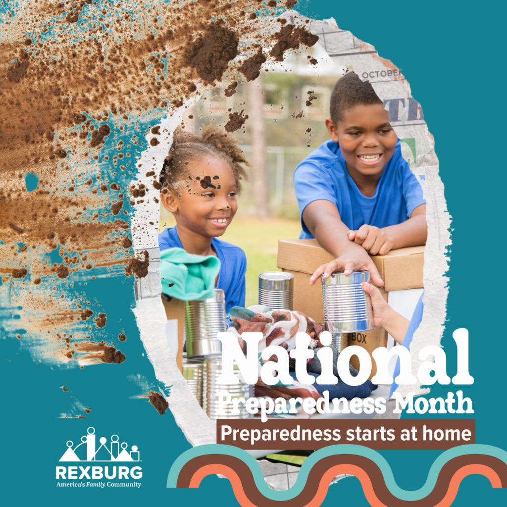 national preparedness month with mud splatter and phoo of kids handing out canned goods.