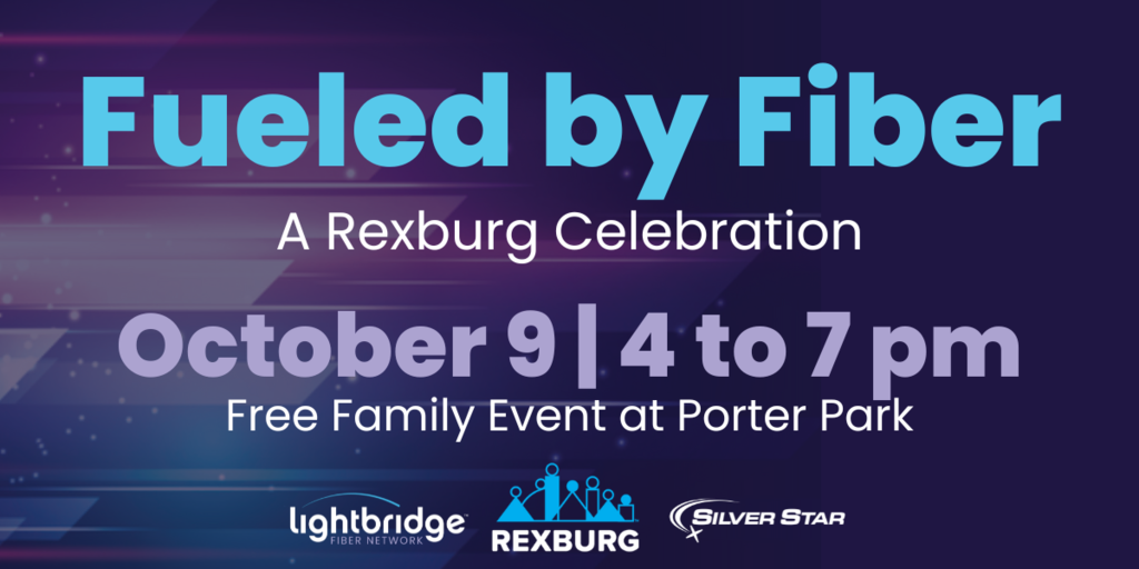 Fueled by Fiber – A Rexburg Celebration. October 9 | 4 to 7 pm. Free Family Event at Porter Park. Logos for Lightbridge Fiber Network, City of Rexburg, and Silver Star appear at the bottom. Background features dark purple and blue gradient with subtle light streaks.