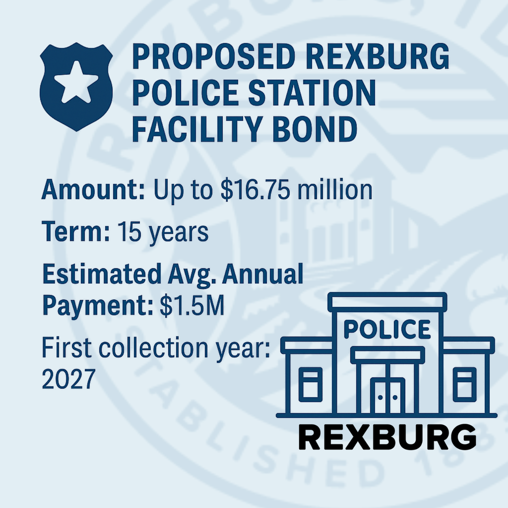 Graphic titled “Proposed Rexburg Police Station Facility Bond.” A blue police badge and building icon appear beside text listing: “Amount: Up to $16.75 million; Term: 15 years; Estimated Avg. Annual Payment: $1.5M; First collection year: 2027.” The City of Rexburg logo is in the lower corner.