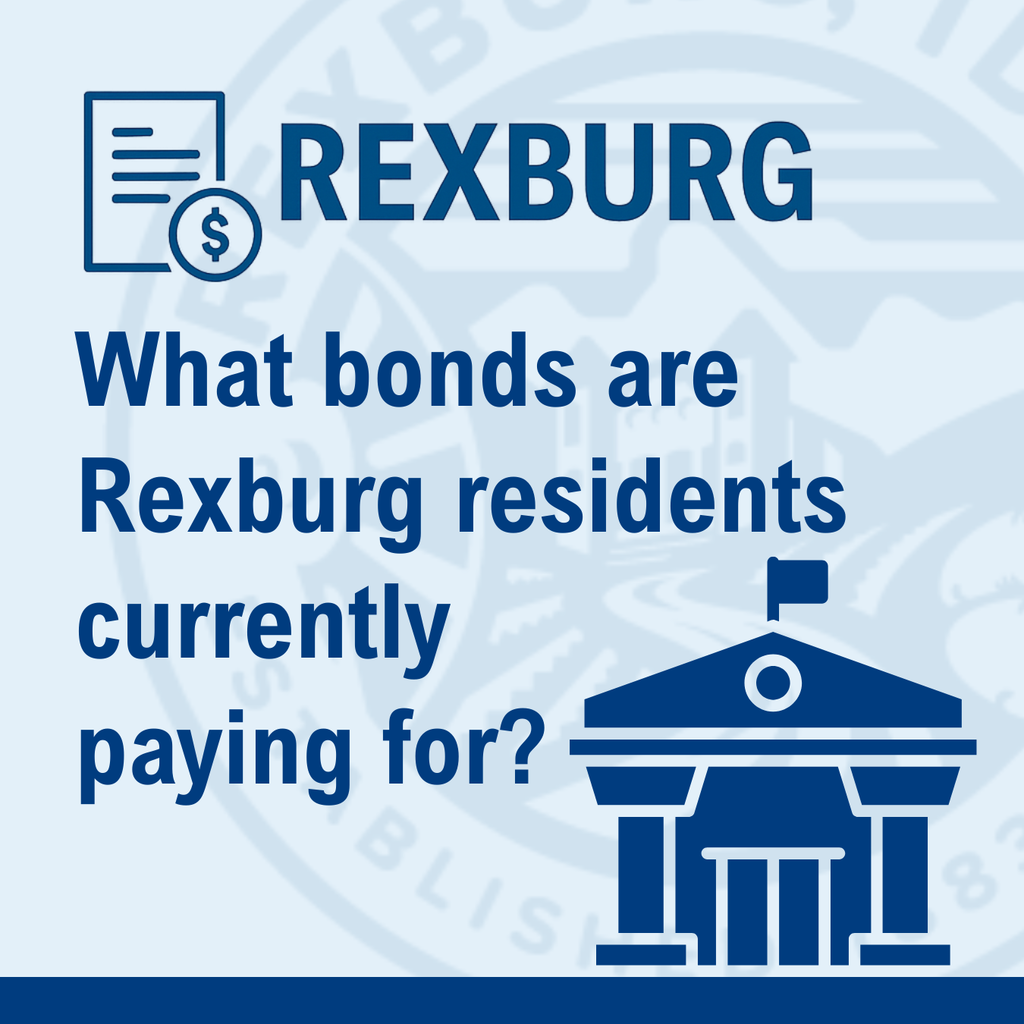 Text graphic with icon of a gov't bldg in the lower right corner "What bonds are Rexburg res