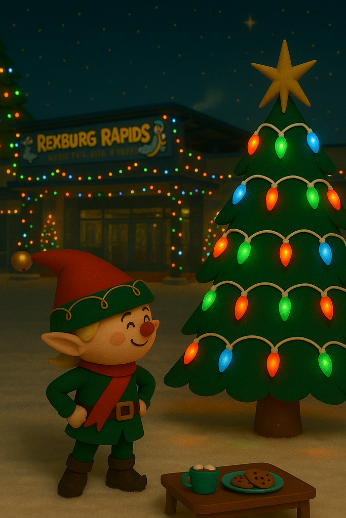 Elf stands next to  lit Christmas Tree in front of decorated front of Rexburg Rapids - stylized to a holiday Claymation 