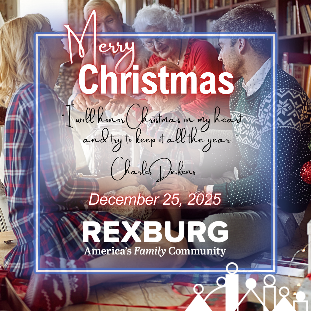 photo of two adults, two seniors, and a young girl gathered for Christmas opening presents, with shelves of books behind them and ribbon strewn on the floor. Text "Merry Christmas; 'I will honor Christmas in my heart and try to keep it all the year.' Charles Dickens; December 25, 2025" with Rexburg's logo