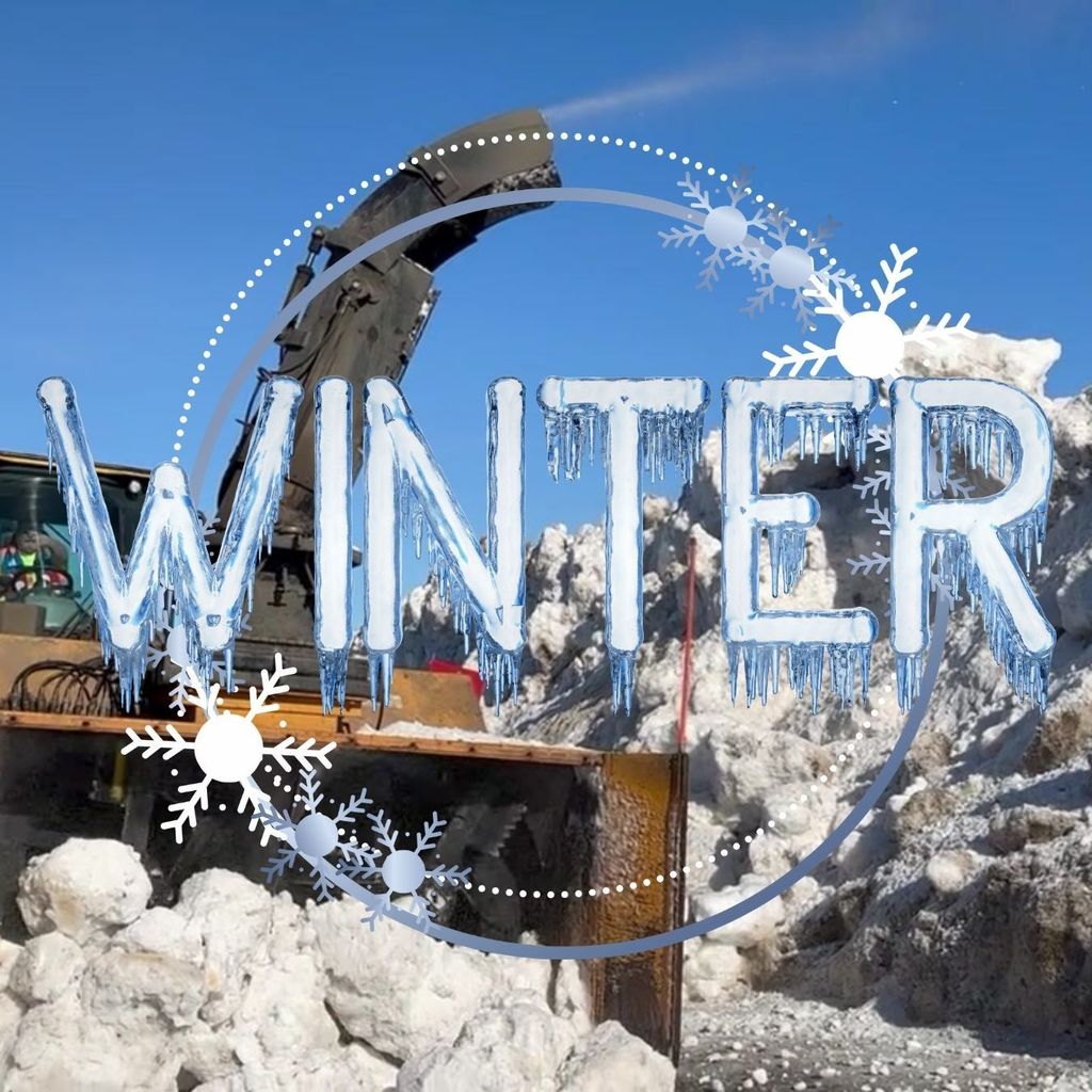 Photo of a snow thrower throws snow into a larger pile; a decorative circle border with snowflakes and the word "WINTER" covered in icicles. 