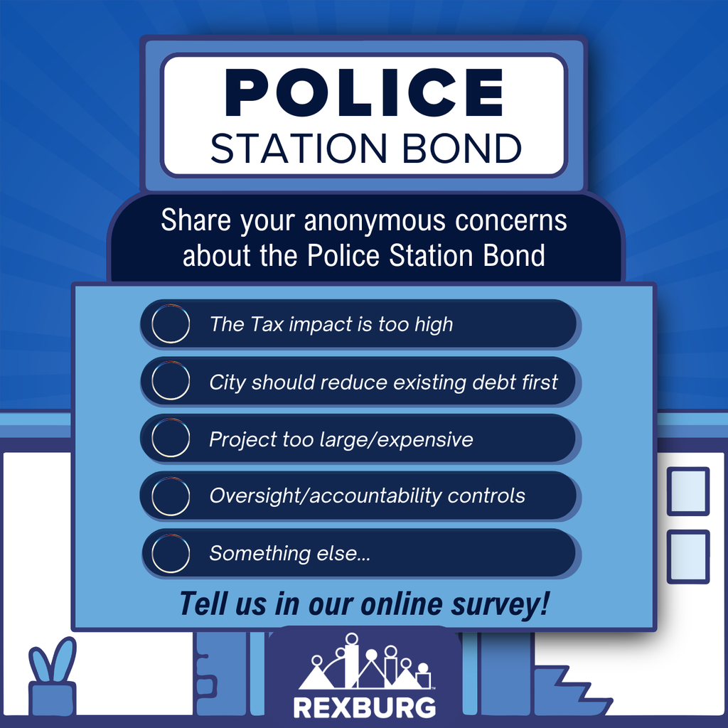 Text on graphic of boxes indicative of a police station facility: "Police Station Bond | Share your anonymous concerns about the bond" and a list of cost evaluative concerns as seen in our online survey. "Tell us in our online survey!" 