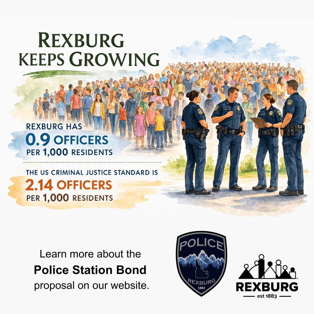 graphic a large mass of people behind 4 police officers who are chatting casually. "Rexburg keeps growing | 0.9 officers per 1000 residents , US Criminal Justice Standard is 2.14 officers per 1,000 residents."