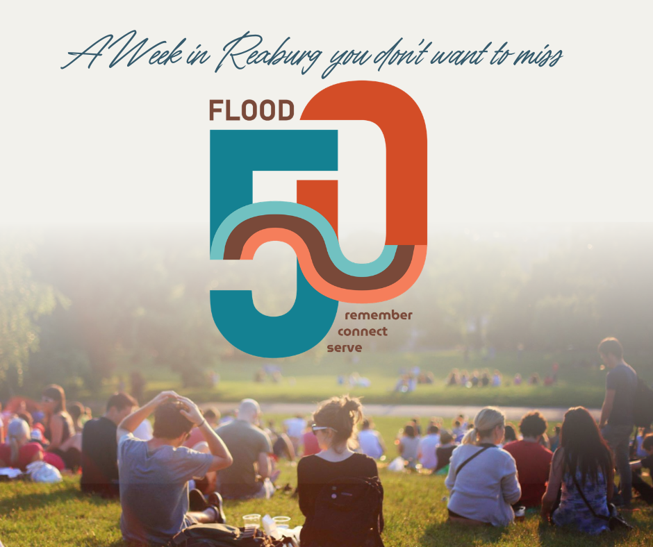 People sitting on a green space lawn with text "a week in Rexburg you don't want to miss" and the "Flood 50" logo