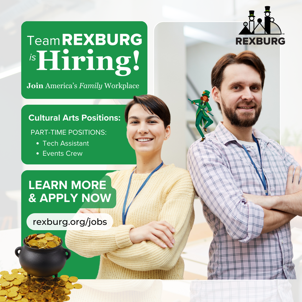 green text boxes with text | Team Rexburg is Hiring! Join America's Family Workplace | Cultural Arts Positions: Tech Assistant, Events Crew | Learn More & Apply Now Rexburg.org/jobs | photo of two adults cross armed standing back to back with work badges around their neck, a leprechaun dancing on one of their shoulders and a pot of gold | the Rexburg logo