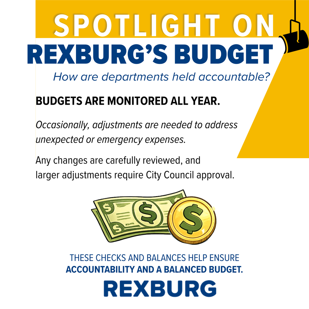 Spotlight on Rexburg's budget explaining how budgets are monitored all year, with text about adjustments and approval, and an image of US dollar bills and a gold coin representing finance.