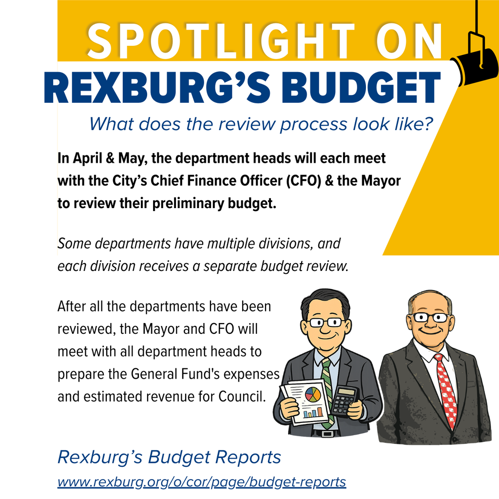 Spotlight on Rexburg's Budget. The infographic explains the budget review process. It shows two men, one holding a calculator and a report, and the other in a suit and tie. The text details meetings between department heads, the CFO, and the Mayor. A website link for Rexburg's Budget Reports is provided.