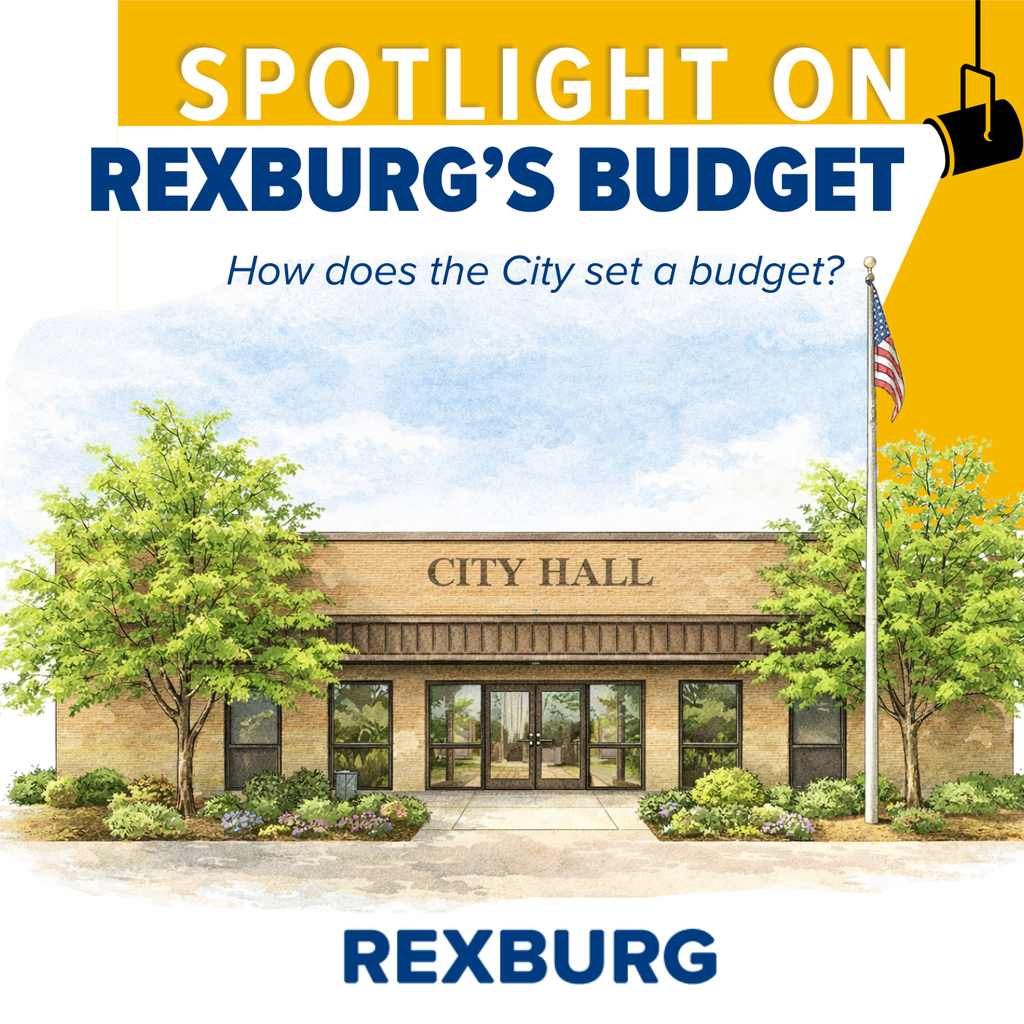 Spotlight on Rexburg's Budget, showing City Hall and asking how the city sets a budget.