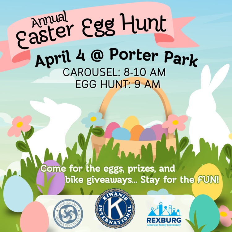 graphic of Easter basket on grass with eggs and 2 bunny silhouettes with text info shown in the post “egg hunt April 4th 9 am carousel 8-10 am @ Porter Park” 