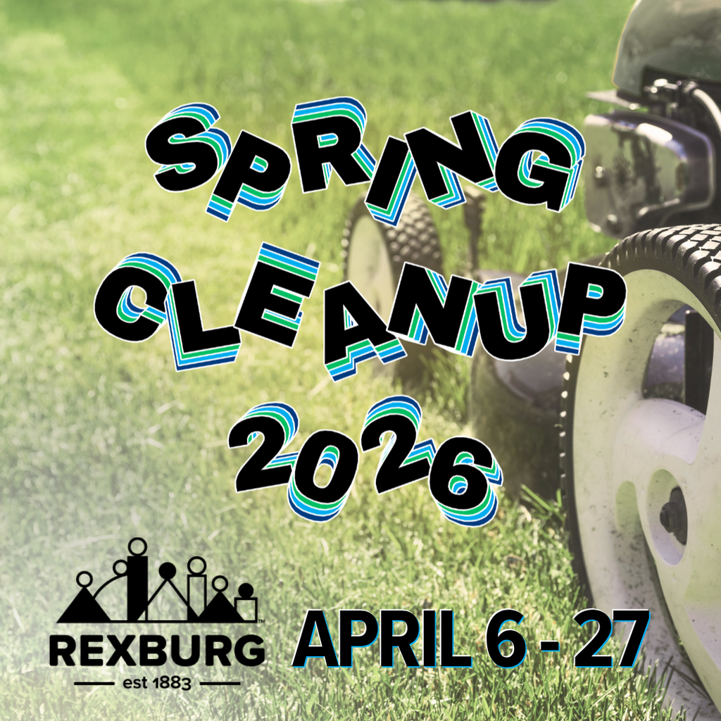 closeup/cut-off lawn mower mowing grass with jumbled text "spring cleanup 2026 | April 6-27" & the City logo