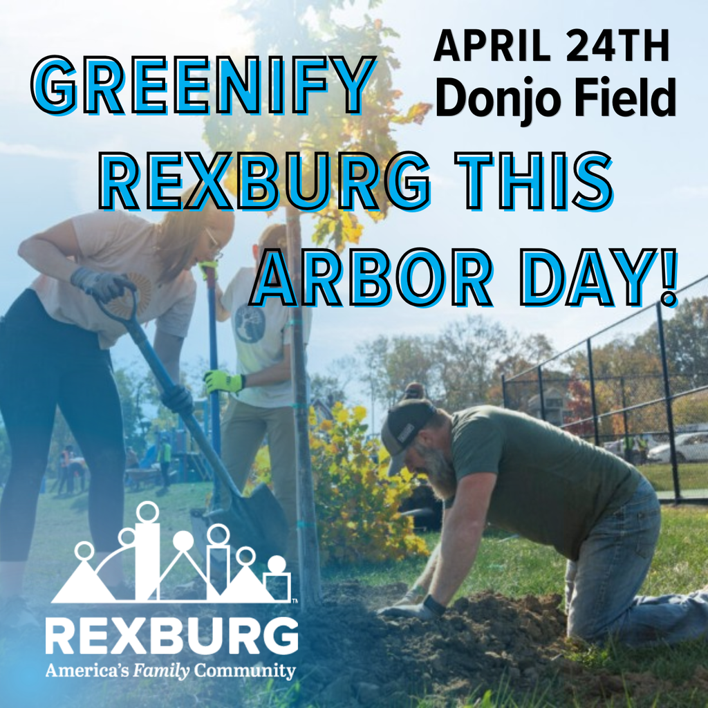 3 people planting a tree in green space outside of a fenced court "Greenify Rexburg this Arbor Day! April 24th Donjo Field" 