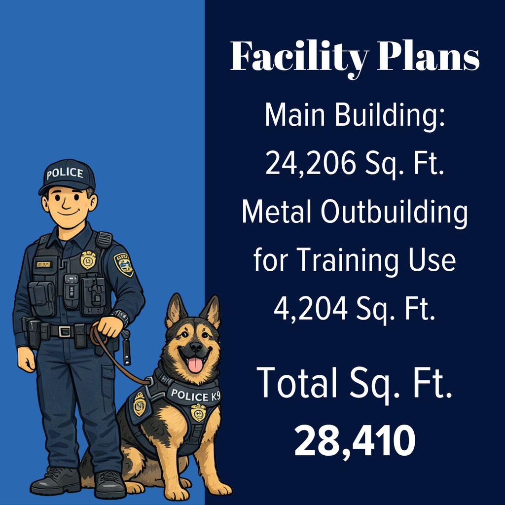 graphic of a police officer with a german shepherd K9 dog and text "Facility Plans: Main Building: 24,206 Sq. Ft. Metal Outbuilding for Training Use 4,204 Sq. Ft. Total Sq. Ft: 28,410"