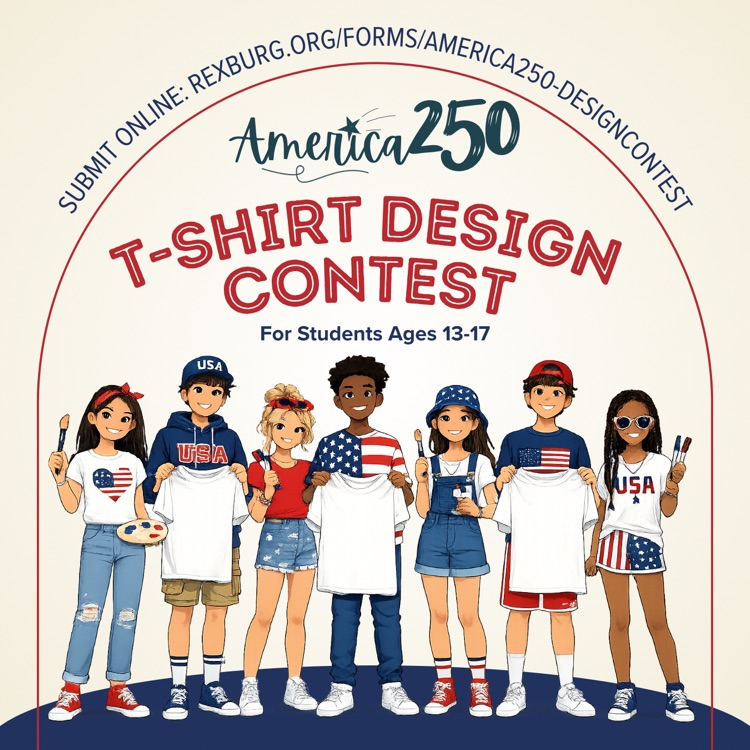 cartoon image of bigger kids holding white tees and art supplies with patriotic gear & text 