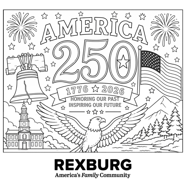 coloring page showing Liberty Bell, America 250, American flag & other USA elements  