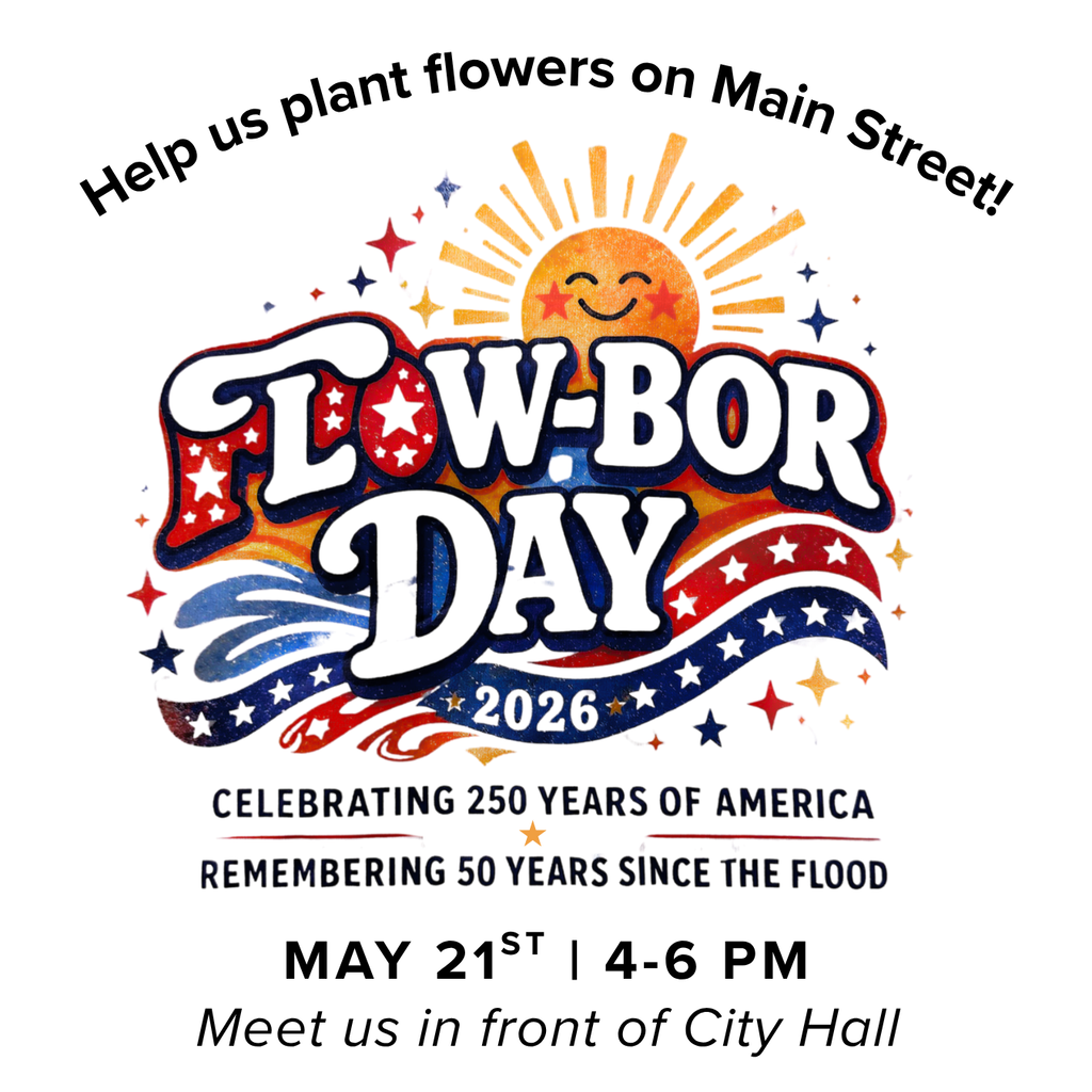 text image with graphic of sun and some patriotic imagery. "Help us plant flowers on Main Street! May 21st 4-6 pm meet in front of City Hall"