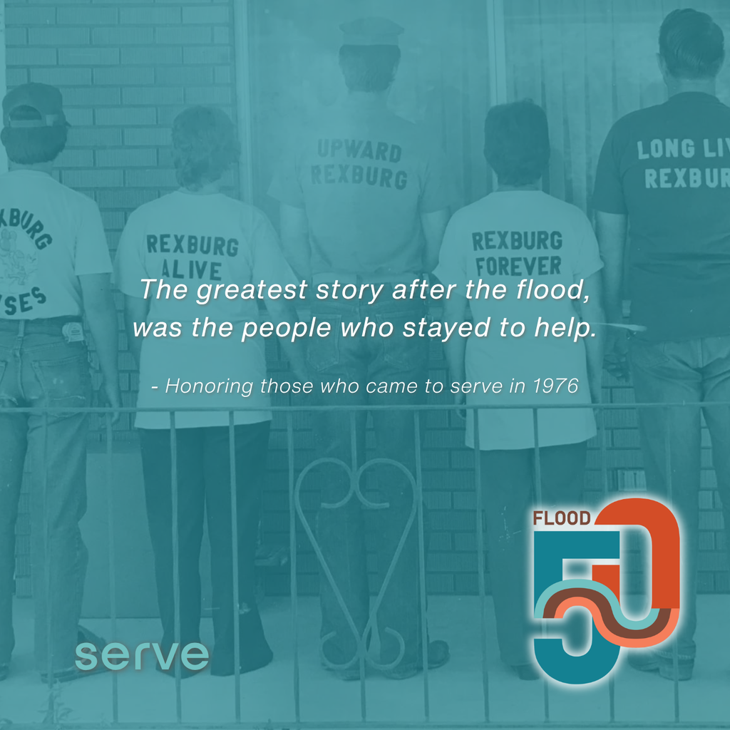 “The greatest story after the flood was the people who stayed to help.” — Honoring those who came to serve in 1976 The response to the Teton Dam Flood became one of the largest volunteer and relief efforts in Idaho history. Thousands showed up to help neighbors rebuild homes, clear debris, deliver supplies, and support one another. Flood 50 honors that spirit of service by inviting our community to serve again. SERVE opportunities include: • Daily community service projects throughout Flood 50 week • Food drives, blood drives, and cleanup projects • Volunteer opportunities connected to marathon events • Partnerships with America250 and local service organizations • Community-wide projects focused on giving back Because the legacy of the flood wasn’t only survival — it was service. Help us “flood the feeds” as we serve together. Flood 50 begins next Monday, June 1. Remember | Connect | Serve