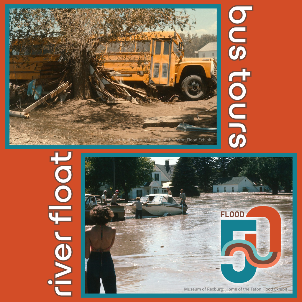 two photos from 1976 on an orange sqare - one is a school bus lodged up to a large tree and the second is a pool of water in the street with people moving a boat and others standing by watching. text "river float and bus tours" 