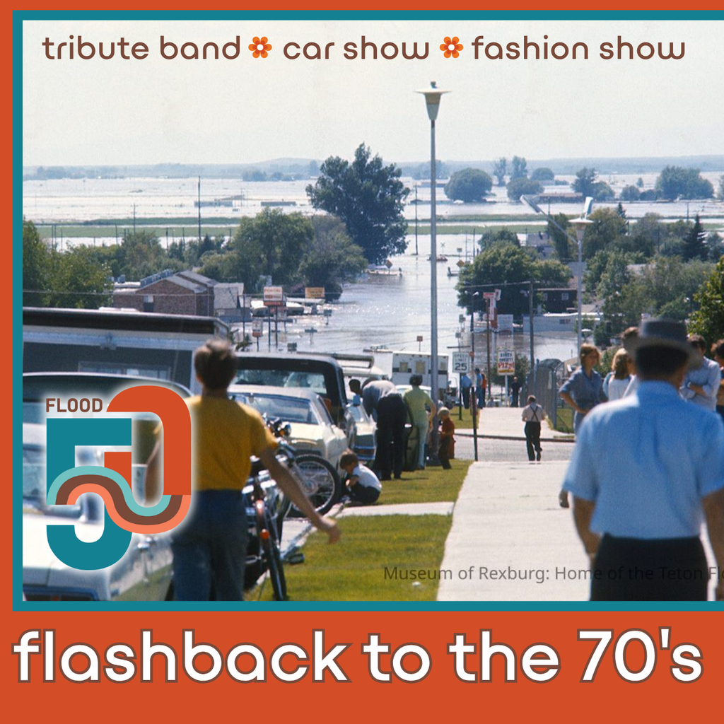 1976 photo of people and cars lined along the road on the hillside facing the flood waters in the near distance and text "tribute band     car show     fashion show - Flashback to the 70's" 