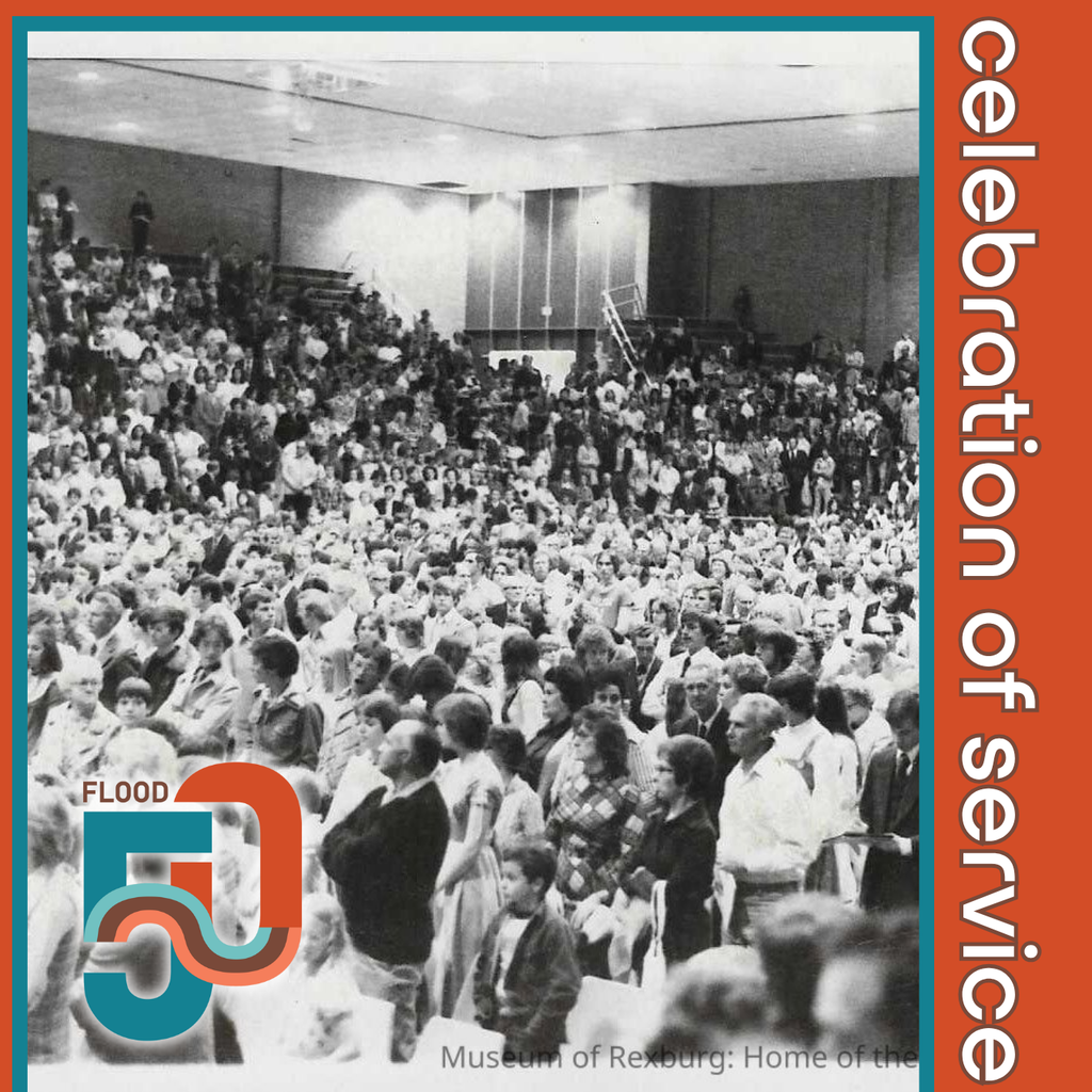 b&w photo from 1976 of a mass of people inside a large room with text "celebration of service"