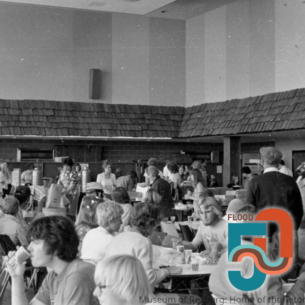 B&W photo of people dining in the cafeteria at Ricks college in 1976
