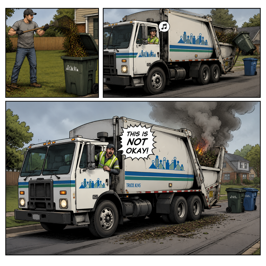 comic strip images of a man putting yard debris in a trash can, then a sanitation driver picking up the trash can while whistling, then the trash compartment is on fire in the last slide and the driver is saying "this is not ok!"