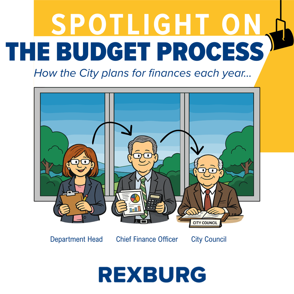 Text heading reads "spotlight on the budget process - How the City plans for finances each year..." with comic book style graphic showing 3 professionals in front of 3 window panels with arrows from left to right going from one person to the next. text below them reads "department head > chief finance officer > city council" and the Rexburg text logo at the bottom