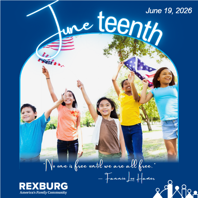 Juneteenth with date and quote "No one is free until we are all free." — Fannie Lou Hamer” and photo of 5 diverse children waving American flags in a green park space. 