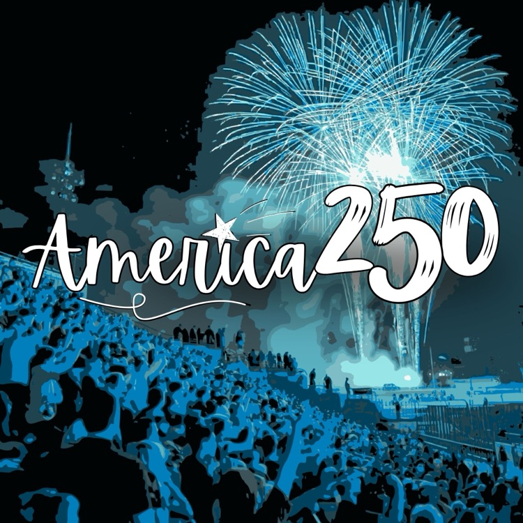graphic of an audience in bleachers looking out to fireworks in the sky on the right of the graphic- image has an artistic duo tone treatment of cyan blue and black. America 250 logo in white in the center